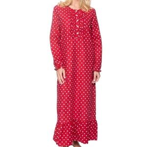 Noble Mount Flannel Nightgown Sz Medium Red Polka Dot Ruffle Cottagecore Granny